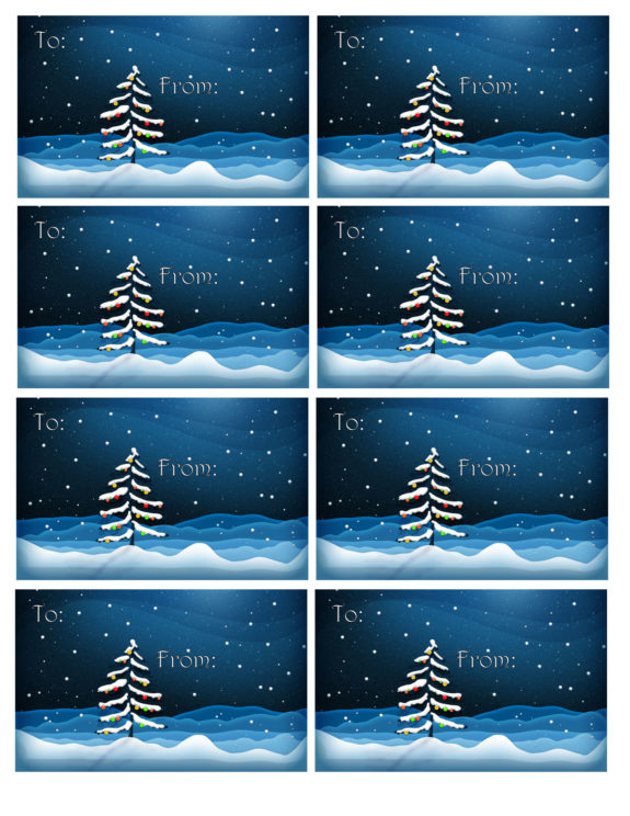 Printable Christmas, Gift Tag, Christmas Tree, Snow, Horizontal Gift tag, Free Tags, Dark Blue